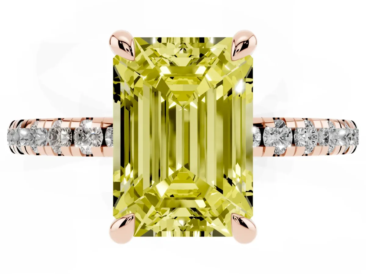 Fancy Yellow Emerald Cut Diamond Brilliant Solitaire Ring with Pavé Band and Four-Prong Setting Rose gold