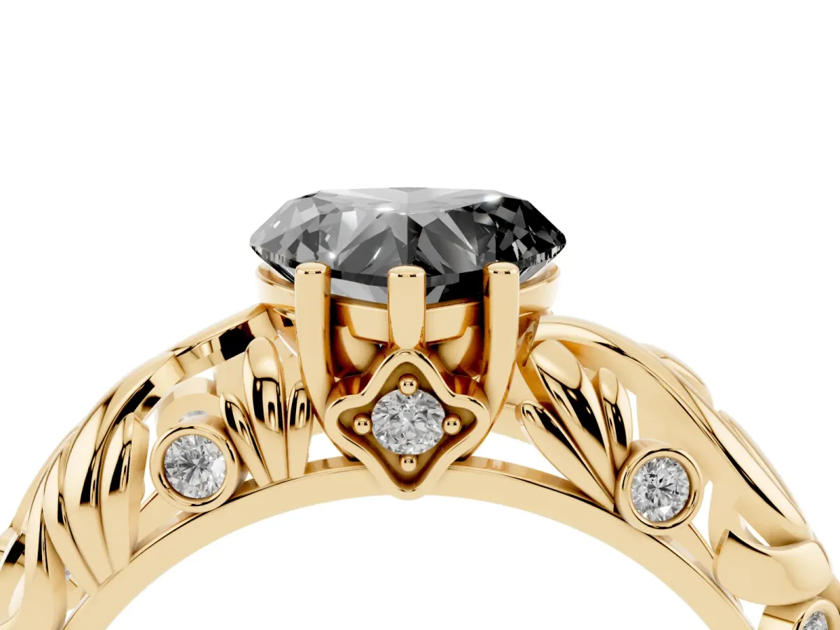 Fancy Black Heart Cut Solitaire Diamond Leaf-Inspired Vine Band Ring with Prong Setting Yellow gold
