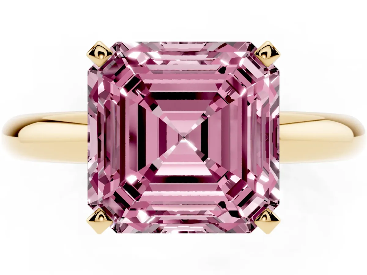 Fancy Pink Asscher Cut Diamond Solitaire Engagement Ring with Round Band and Four-Prong Setting Yellow gold