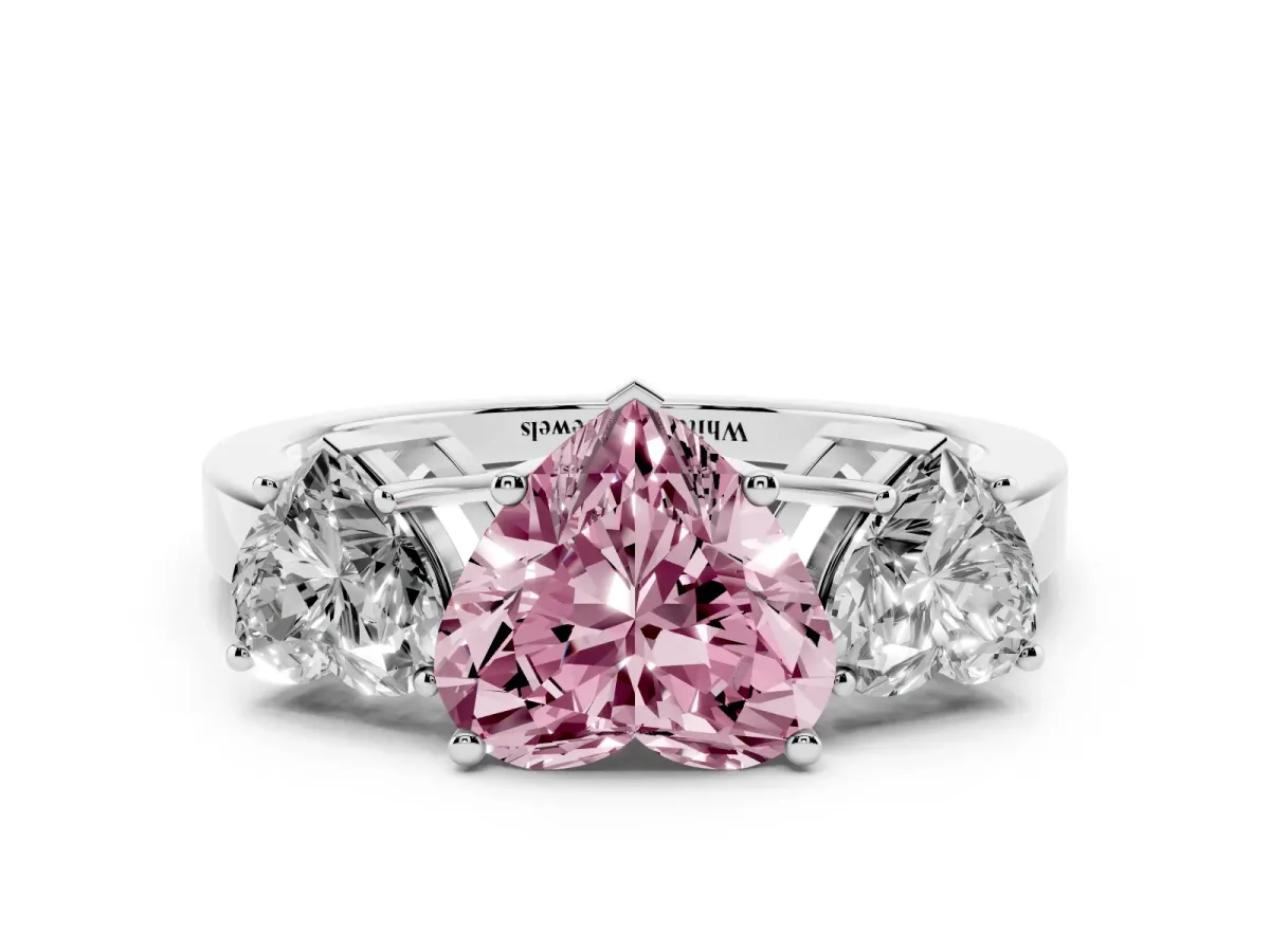 Fancy Pink Three-Stone Heart Cut Cut Diamond Engagement Ring with Flat Band and Four-Prong Setting Silver