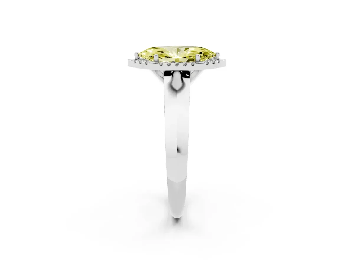 Fancy Yellow Marquise Cut Halo Diamond Ring with Cathedral Band and Four-Prong Setting White gold