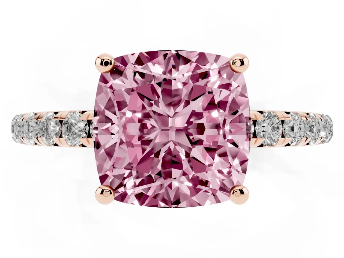 Fancy Pink Cushion Cut Cut Diamond Solitaire Ring with Micro Pave Band and Four Prong Setting Rose gold