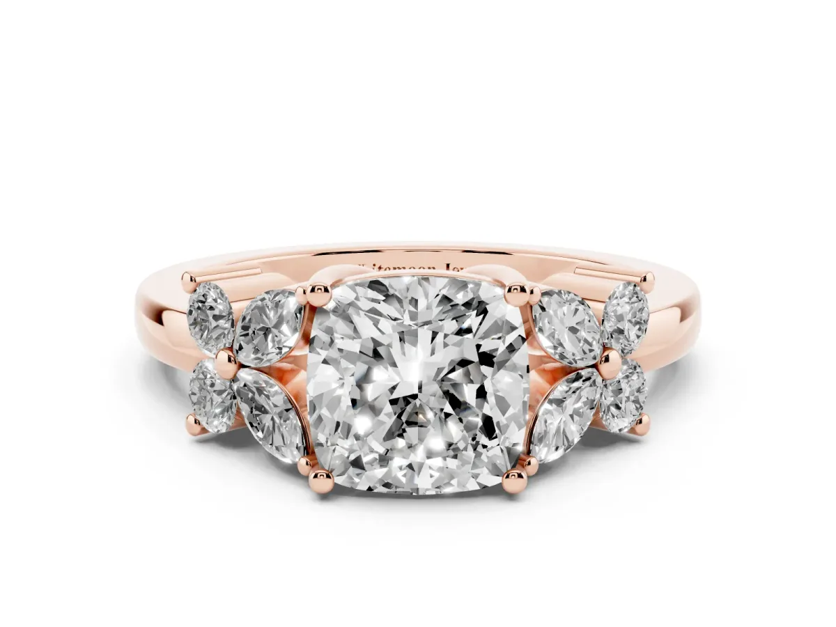 Cushion Cut Diamond Floral Cluster Ring with Solitaire Band and Prong Setting Rose gold