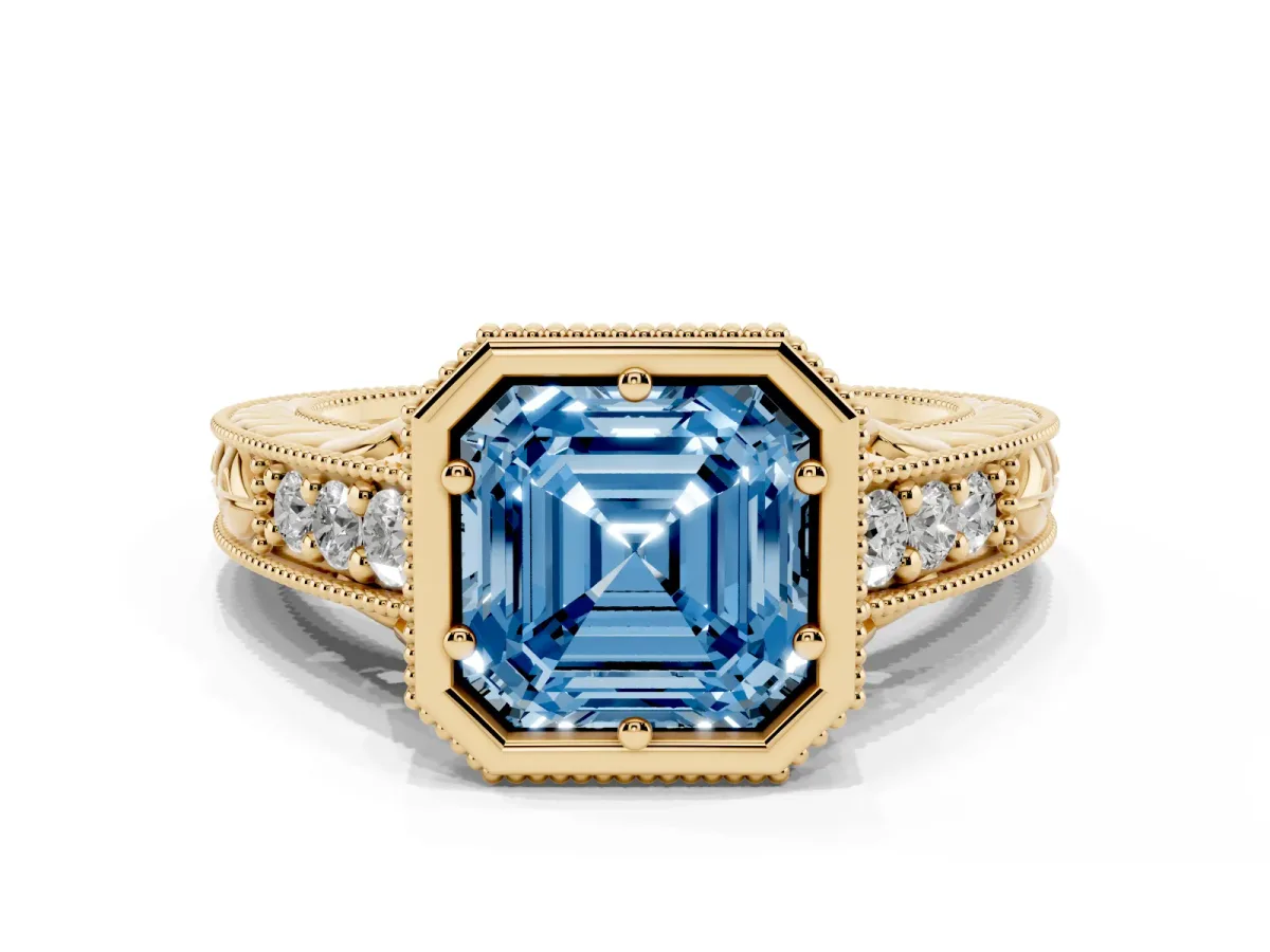 Fancy Blue Bezel Set Asscher Cut Diamond Milgrain Pave Engagement Ring Yellow gold