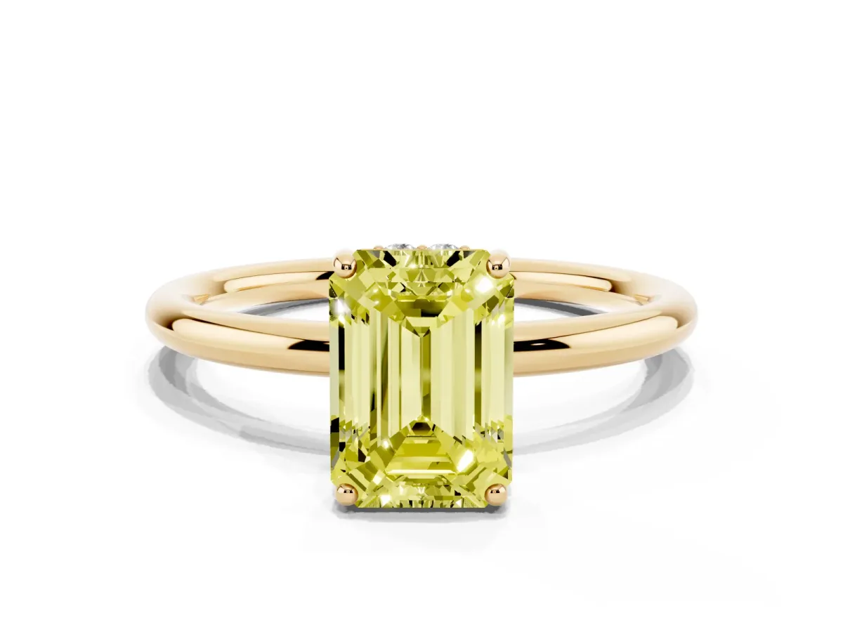 Fancy Yellow Emerald Cut Solitaire Diamond Ring with a Classic Band and Four-Prong Setting Yellow gold