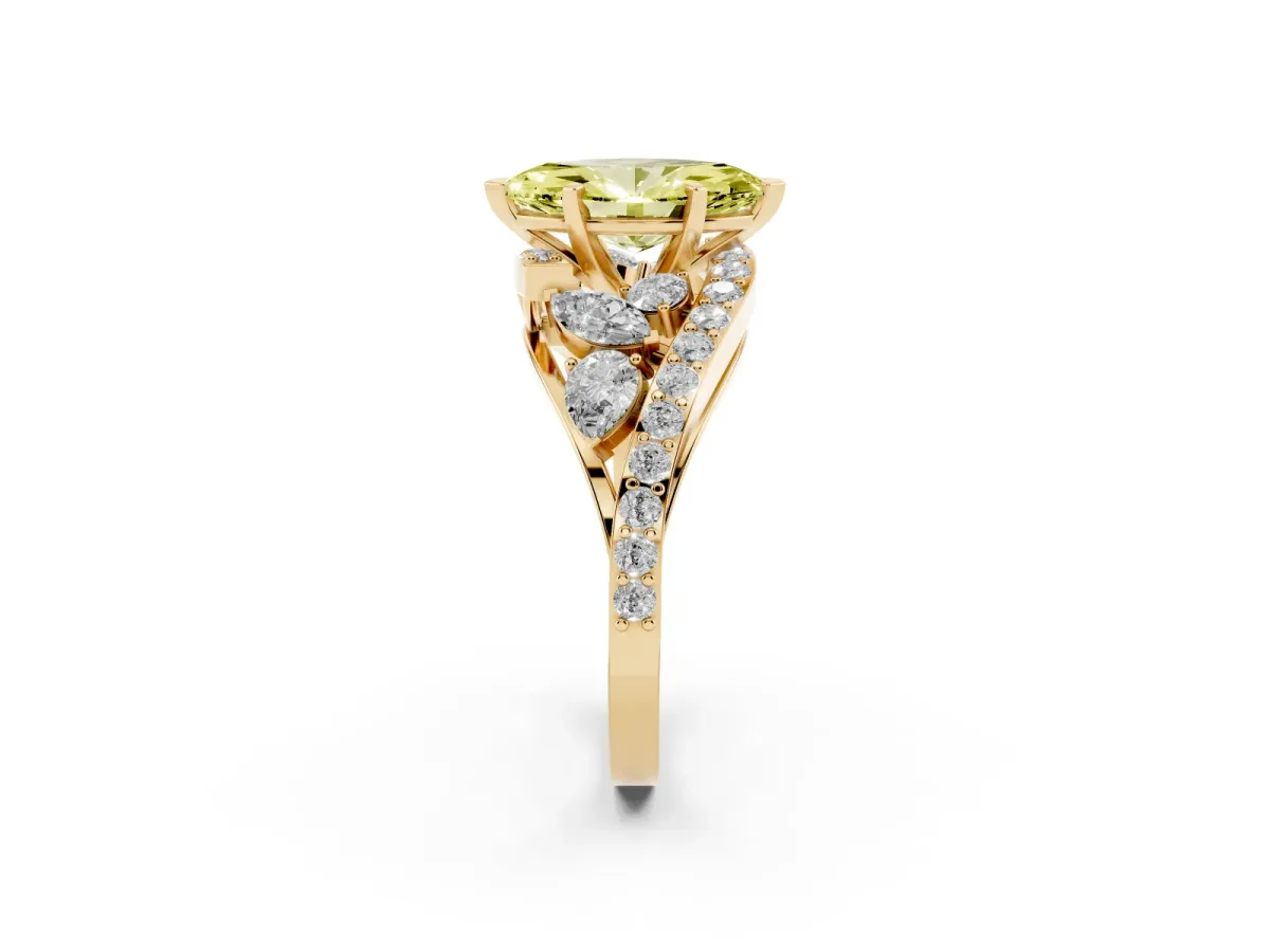Fancy Yellow Marquise Cut Diamond Halo Ring with Marquise and Pavé Band in Prong Setting Yellow gold