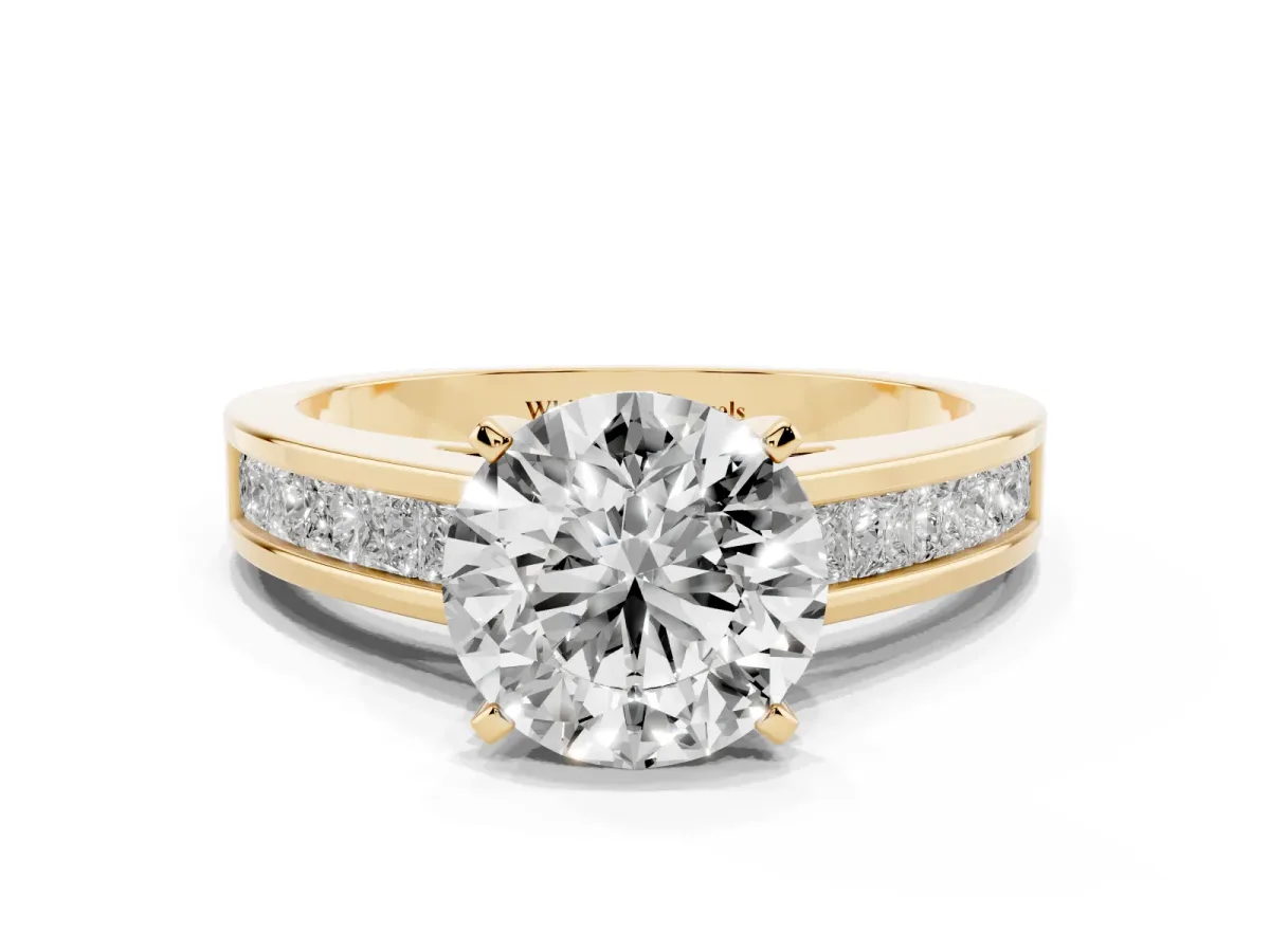 Round Cut Solitaire Diamond Ring with Channel-Set Band and Four-Prong Setting Yellow gold