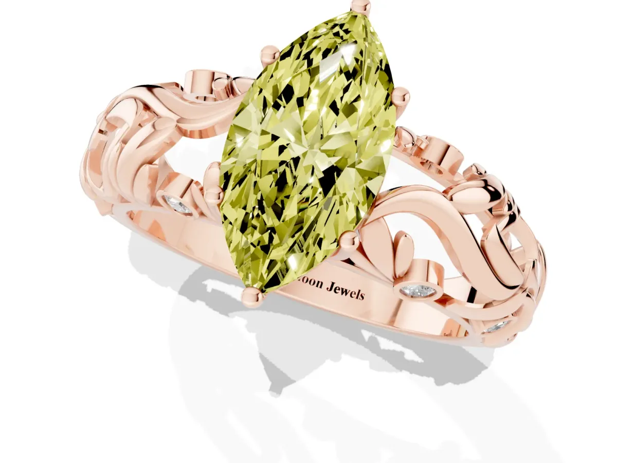 Fancy Yellow Marquise Cut Solitaire Diamond Leaf-Inspired Vine Band Ring with Prong Setting Rose gold
