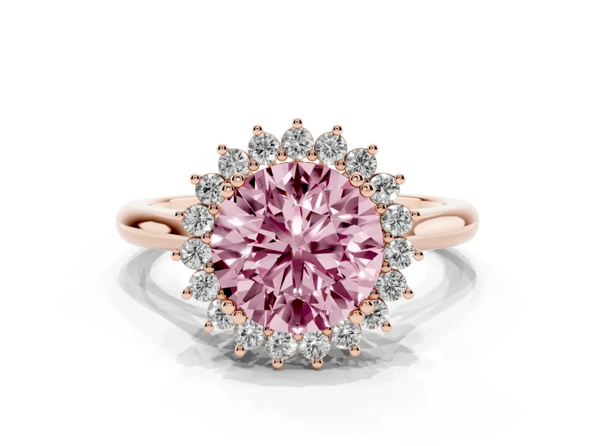 Fancy Pink Round Cut Cut Diamond Halo Ring with Solitaire Band and Prong Setting Rose gold