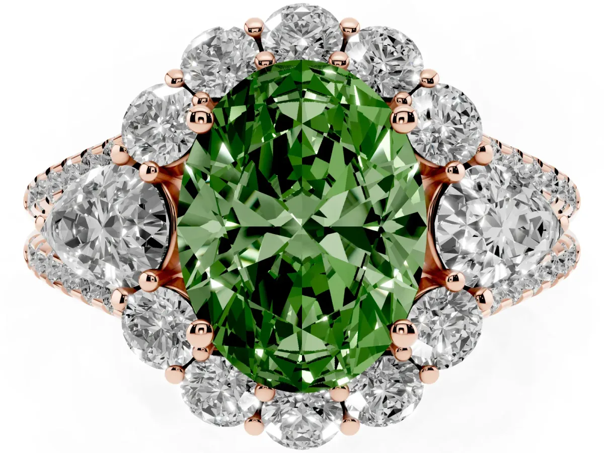 Fancy Green Oval Cut Halo Split Shank Diamond Engagement Ring with Prong Setting Rose gold