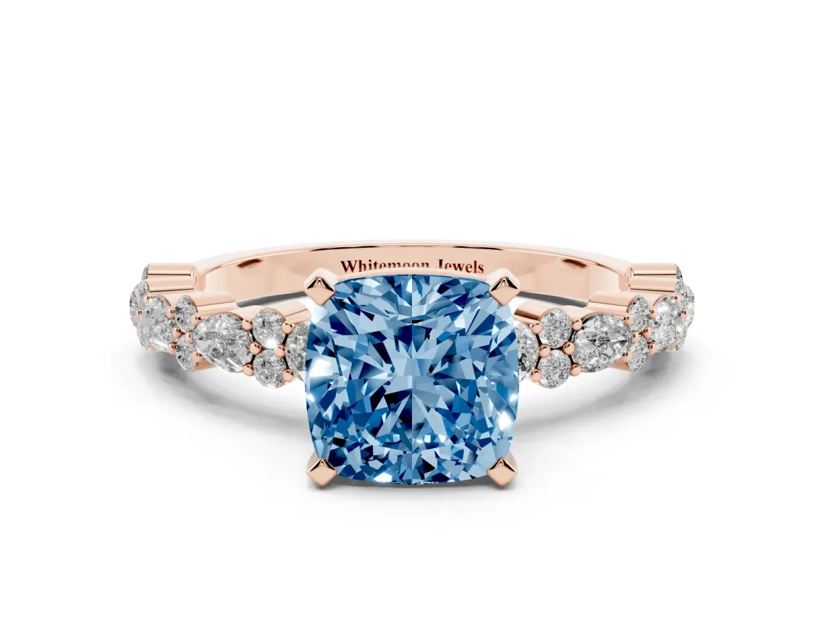 Fancy Blue Cushion Cut Diamond Side Stone Solitaire Ring with Round and Four-Prong Setting Rose gold