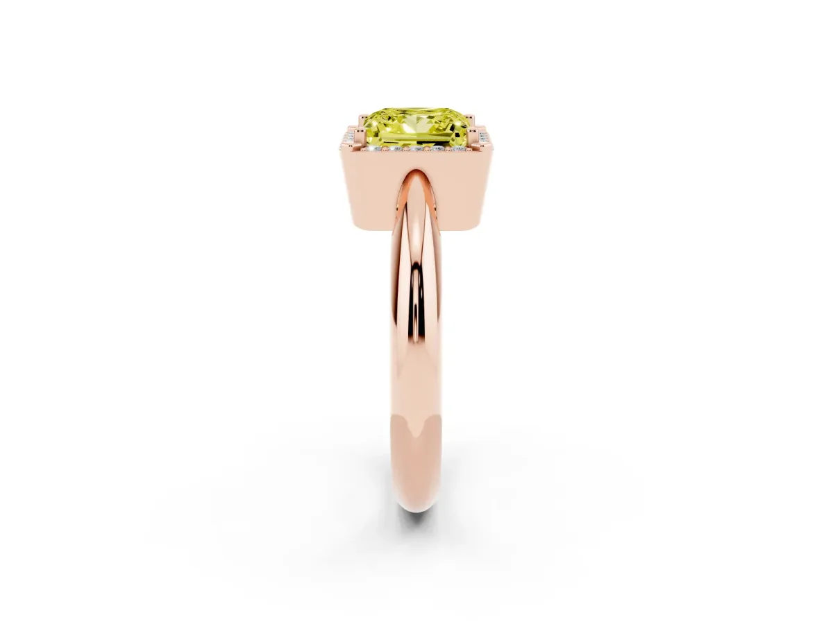 Fancy Yellow Princess Cut Cut Diamond Halo Engagement Ring with Split Shank and Four-Prong Setting Rose gold