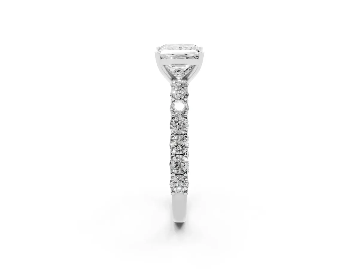 Princess Cut Diamond Solitaire Ring with Shared Prong Pavé Band and Four-Prong Setting Platinum