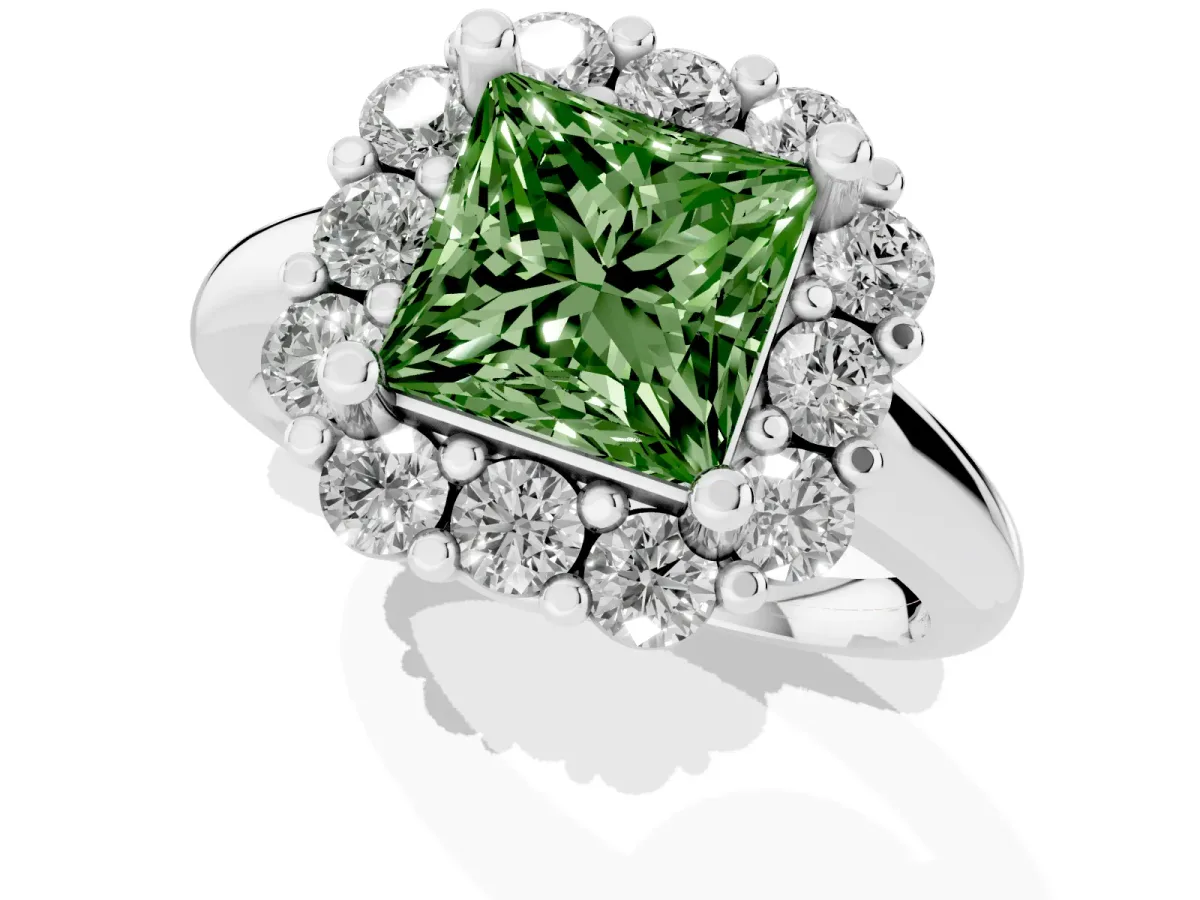Fancy Green Princess Cut Halo Cluster Diamond Engagement Ring with Prong Setting and Polished Band Platinum