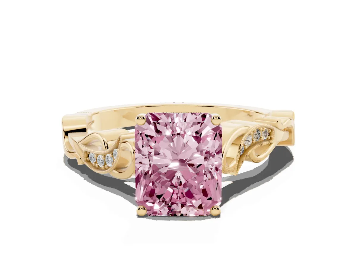 Fancy Pink Radiant Cut Solitaire Vine Band with Milgrain Prong Setting Yellow gold