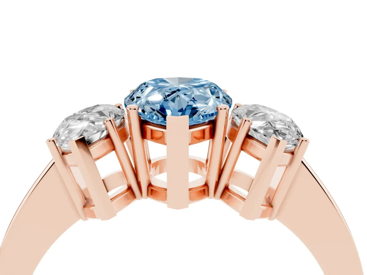 Fancy Blue Three-Stone Pear Cut Cut Diamond Engagement Ring with Flat Band and Four-Prong Setting Rose gold