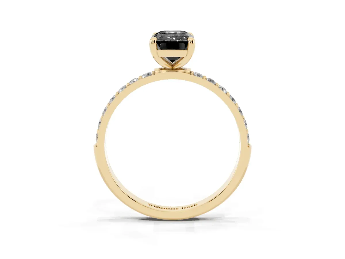 Fancy Black Emerald Cut Diamond Solitaire Ring with Round Pavé Band and Prong Setting Yellow gold