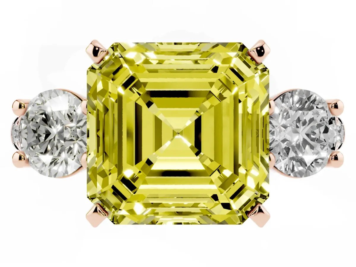 Fancy Yellow Three-Stone Asscher Cut Diamond Pavé Band with Four-Prong Setting Rose gold