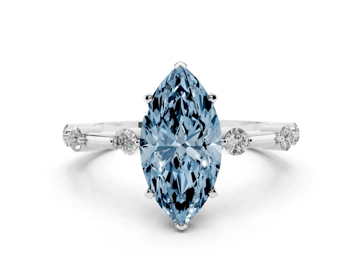 Fancy Blue Marquise Cut Solitaire Diamond Ring with Bezel Set Side Stones and Prong Setting Silver