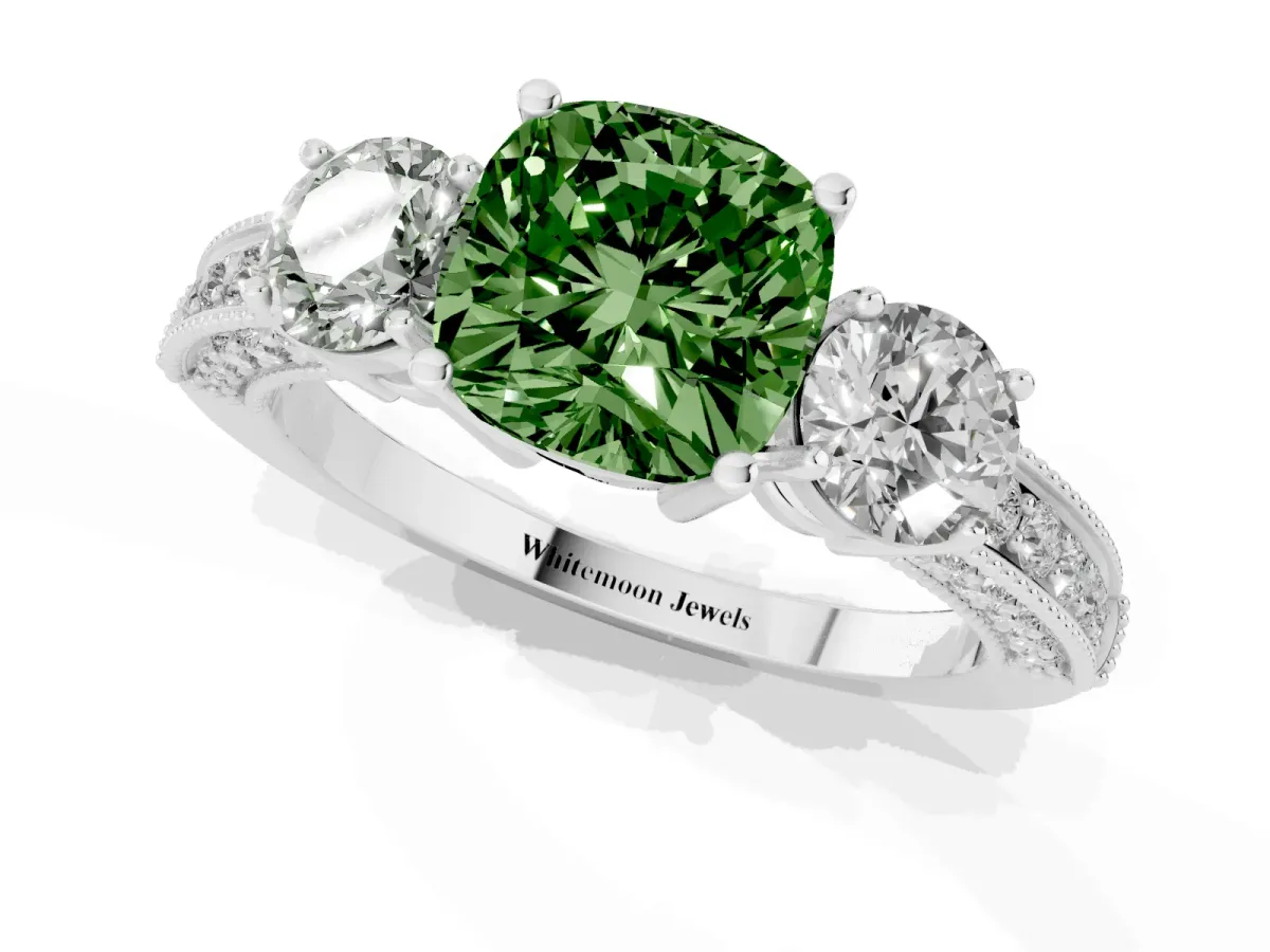 Fancy Green Cushion Cut Three-Stone Diamond Ring with Pavé Band and Four-Prong Setting Silver