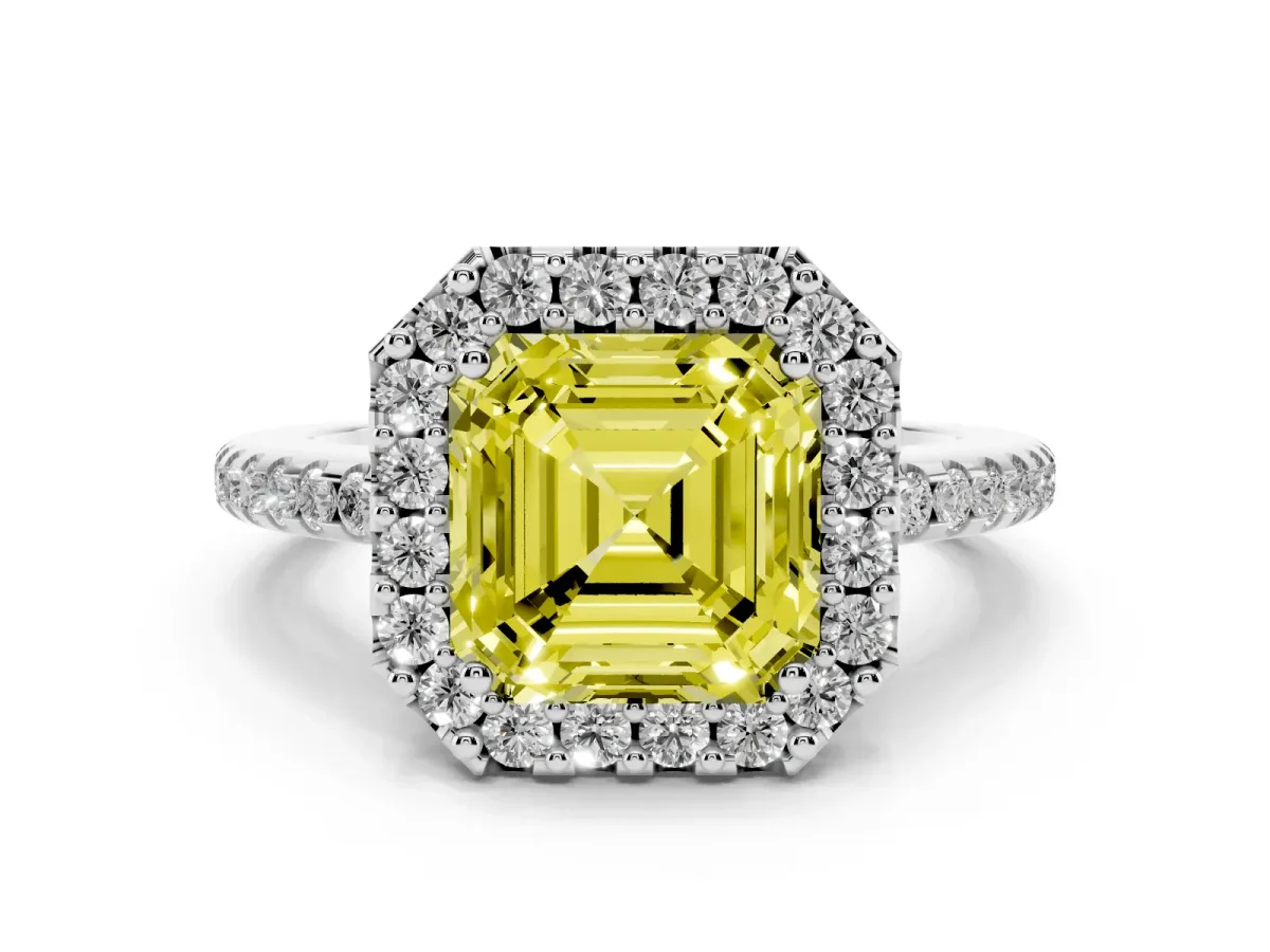 Fancy Yellow Asscher Cut Diamond Pavé Halo Ring with Four-Prong Setting Silver