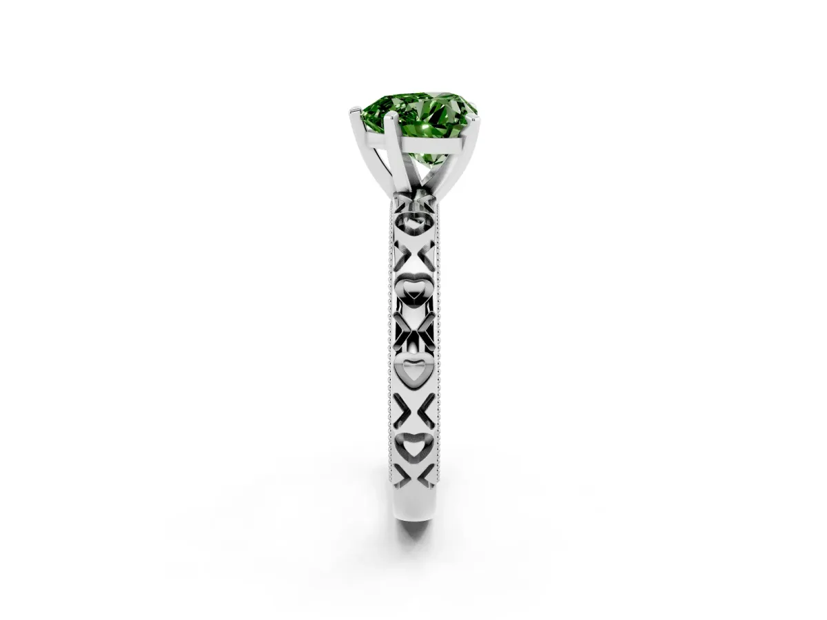 Fancy Green Heart Cut Solitaire Diamond Engagement Ring with XO Engraved Band and Four-Prong Setting Silver