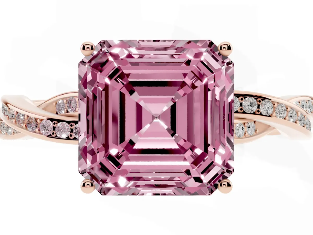 Fancy Pink Asscher Cut Solitaire Twisted Pave Diamond Ring with Four-Prong Setting Rose gold