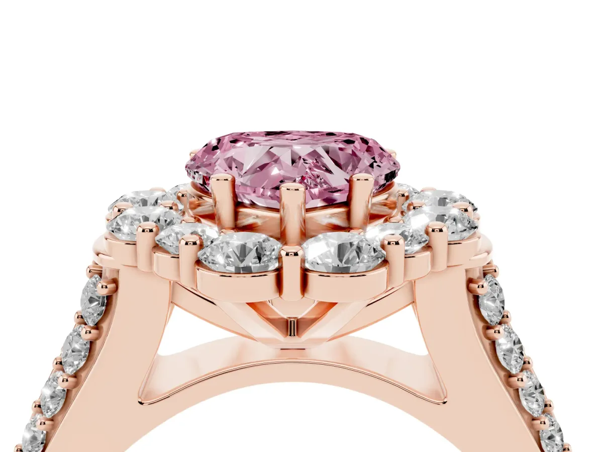 Fancy Pink Heart Cut Halo Diamond Engagement Ring with Split Shank and Prong Setting Rose gold