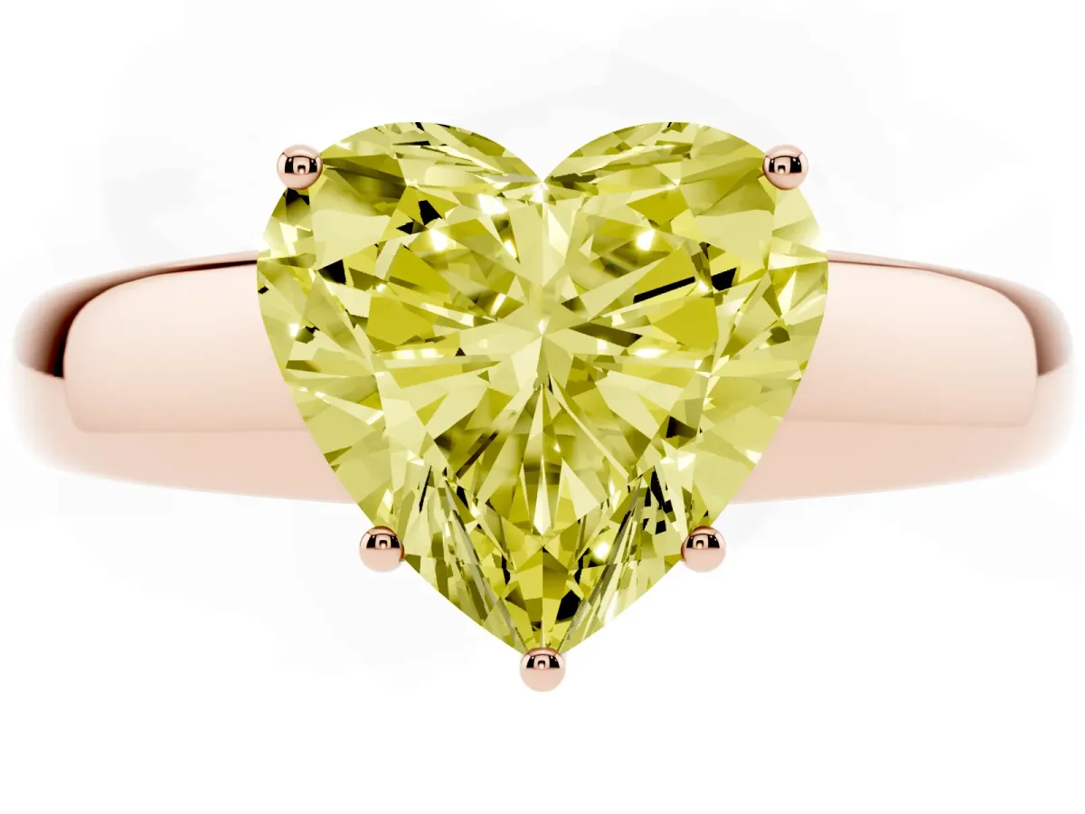 Fancy Yellow Heart Cut Solitaire Diamond Ring with Tapered Band and Four-Prong Setting Rose gold