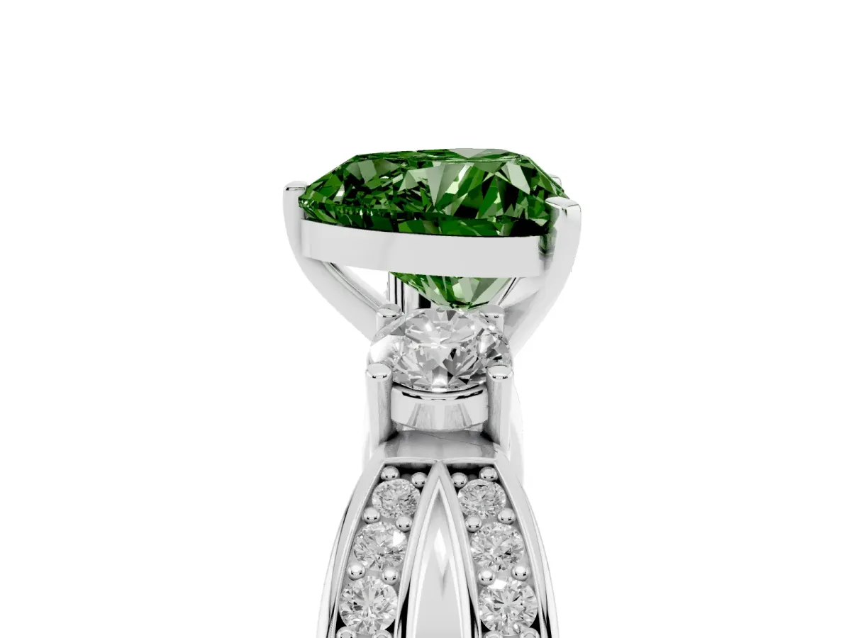 Fancy Green Three-Stone Heart Cut Cut Diamond Twist Band with Prong Setting Silver