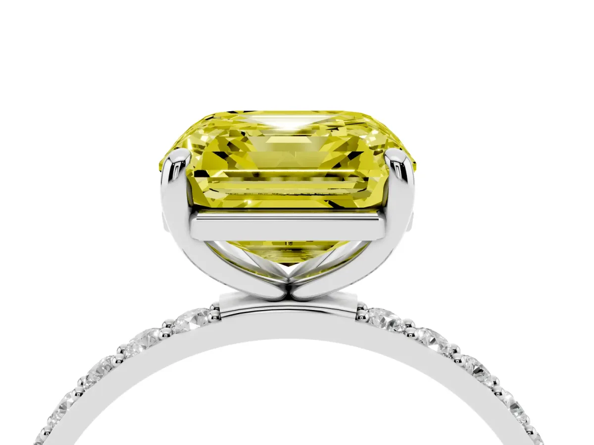 Fancy Yellow Asscher Cut Diamond Solitaire Ring with Round Pavé Band and Prong Setting Silver