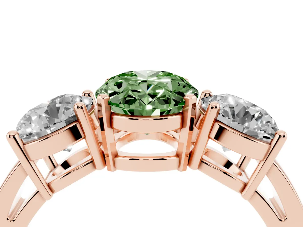 Fancy Green Three-Stone Oval Cut Diamond Ring with Round Side Stones, Classic Band, and Four-Prong Setting Rose gold