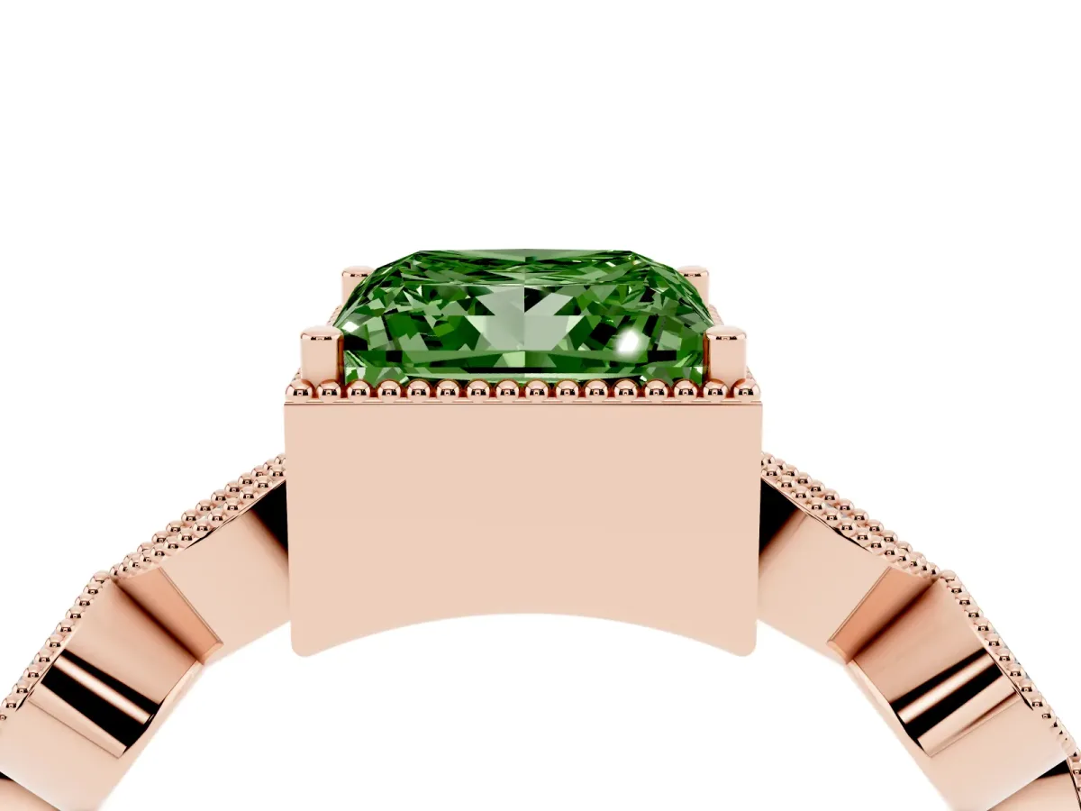 Fancy Green Princess Cut Diamond Vintage Milgrain Ring with Round Stations Rose gold
