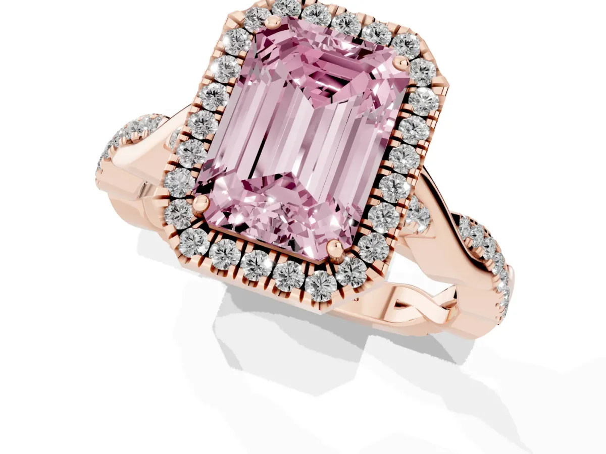 Fancy Pink Emerald Cut Halo Twist Band Solitaire Ring Rose gold