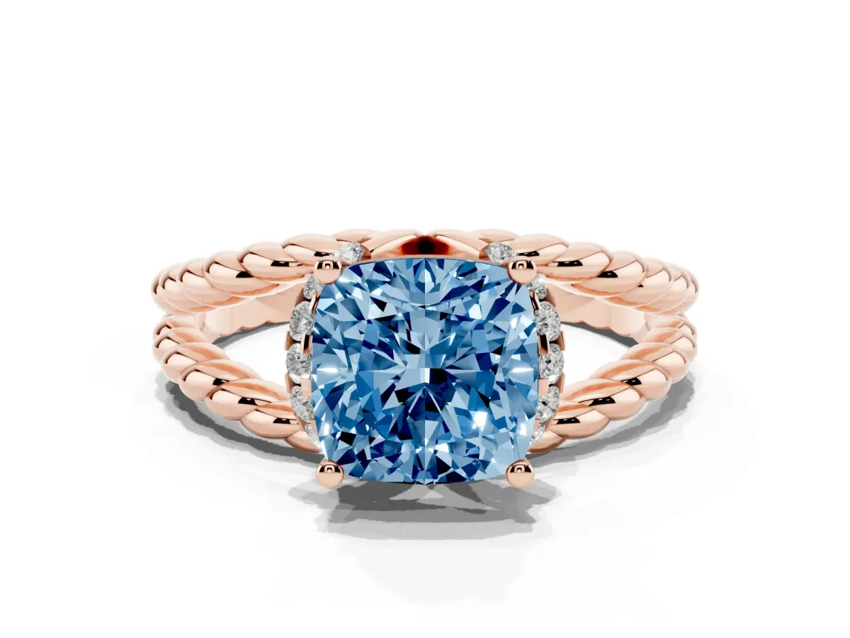 Fancy Blue Cushion Cut Halo Twisted Band Four-Prong Ring Rose gold