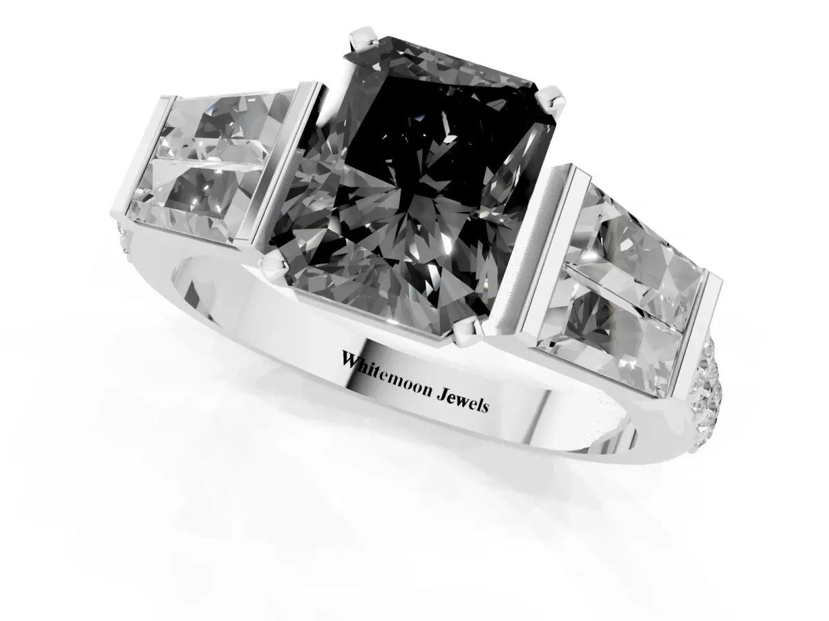 Fancy Black Radiant Cut Diamond Engagement Ring with Baguette Side Stones and Channel Set Band Platinum