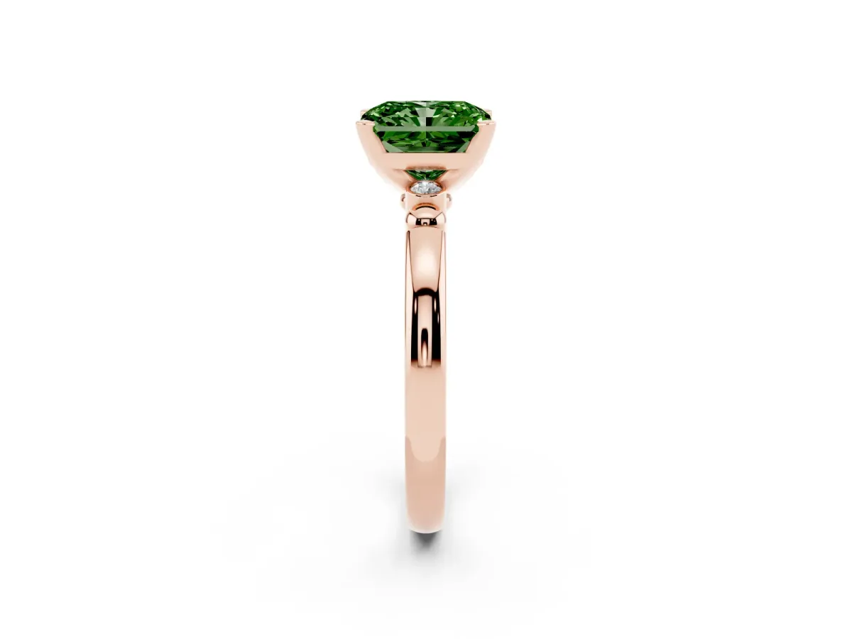 Fancy Green Radiant Cut Solitaire Beaded Band with Four-Prong Setting Rose gold