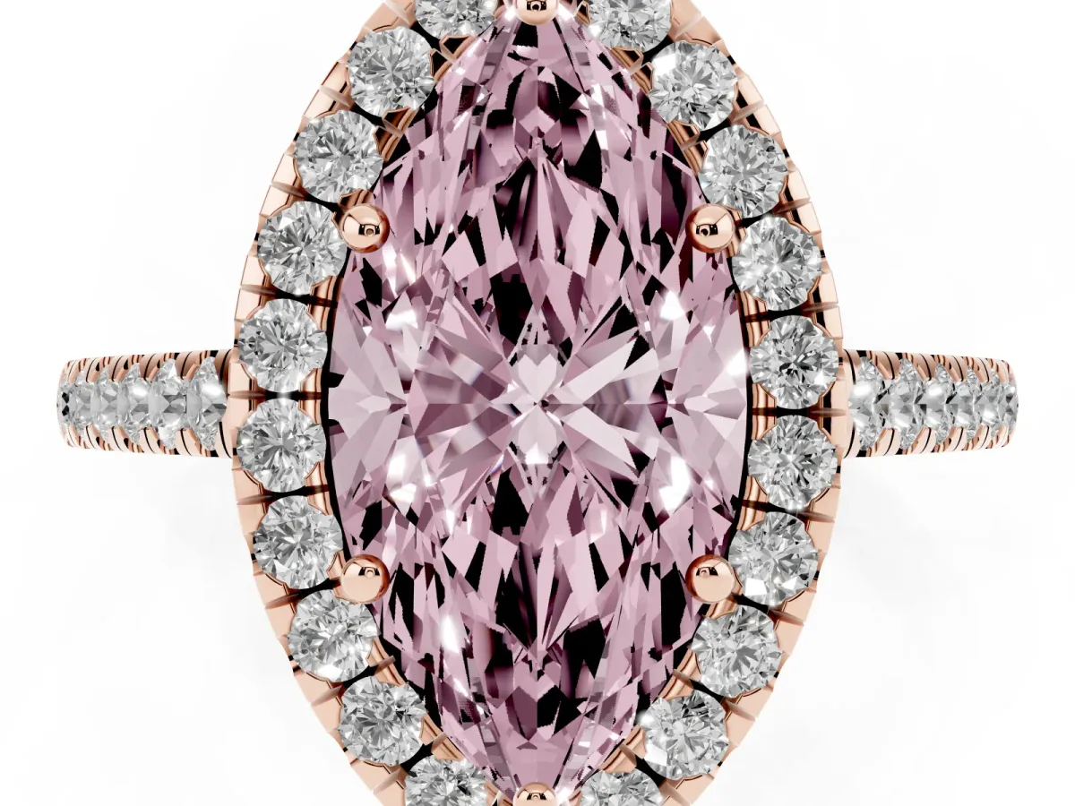Fancy Pink Marquise Cut Halo Pave Diamond Engagement Ring with Four-Prong Setting Rose gold