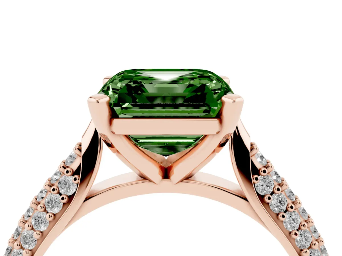 Fancy Green Asscher Cut Diamond Solitaire Engagement Ring with Multi-Row Round Pavé Band and Prong Setting Rose gold