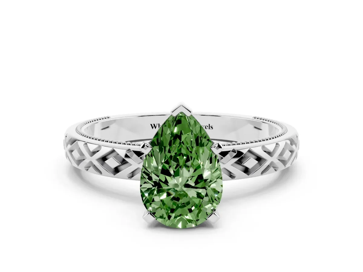 Fancy Green Pear Cut Solitaire Diamond Ring with Milgrain and Black Enamel X Pattern Band Silver