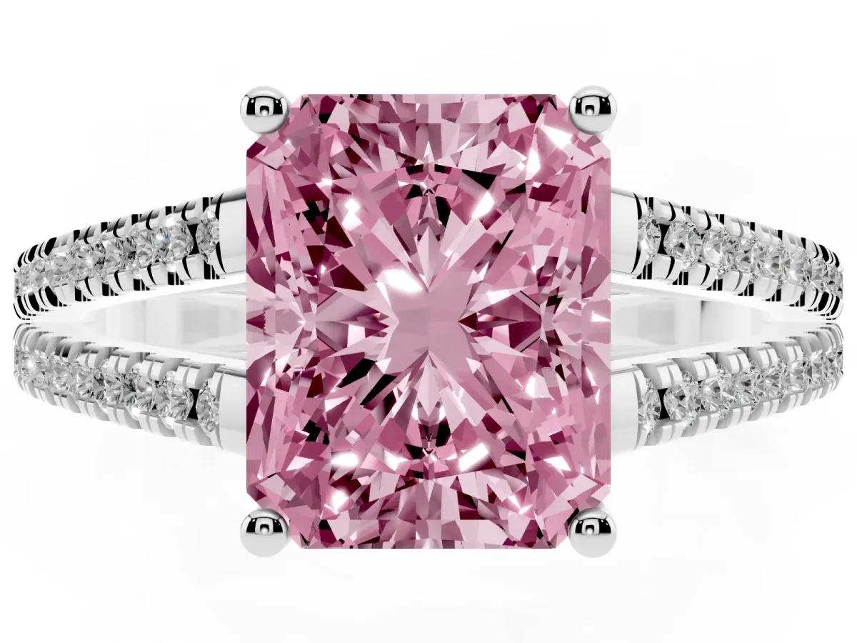 Fancy Pink Radiant Cut Diamond Solitaire Engagement Ring with Split Shank Pavé Band Silver