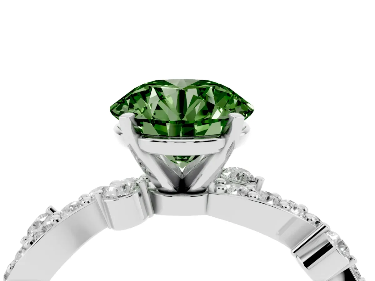Fancy Green Round Cut Cut Solitaire Diamond Twisted Band with Pave Setting Silver