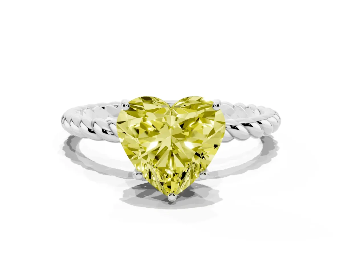 Fancy Yellow Heart Cut Solitaire Twisted Band 4-Prong Ring Platinum