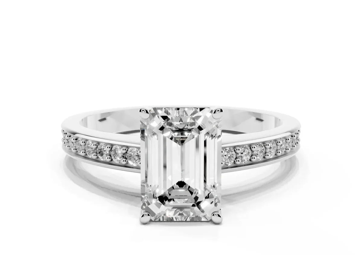 Emerald Cut Solitaire Pavé Band Prong Setting Ring White gold