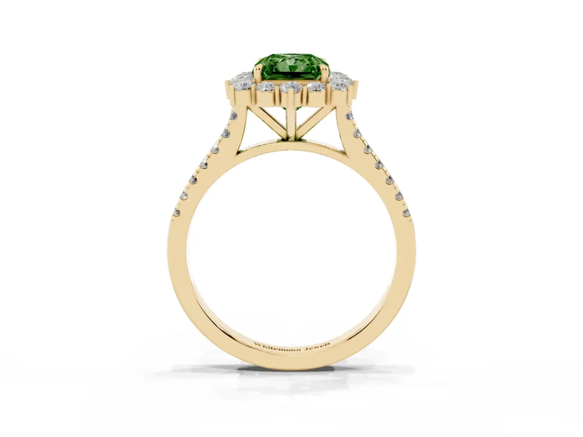 Fancy Green Radiant Cut Halo Diamond Ring with Pavé Band and Prong Setting Yellow gold