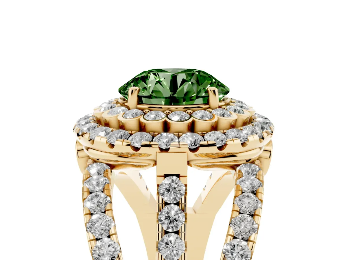 Fancy Green Round Cut Diamond Double Halo Ring with Round Pavé Split Shank and Prong Setting Yellow gold