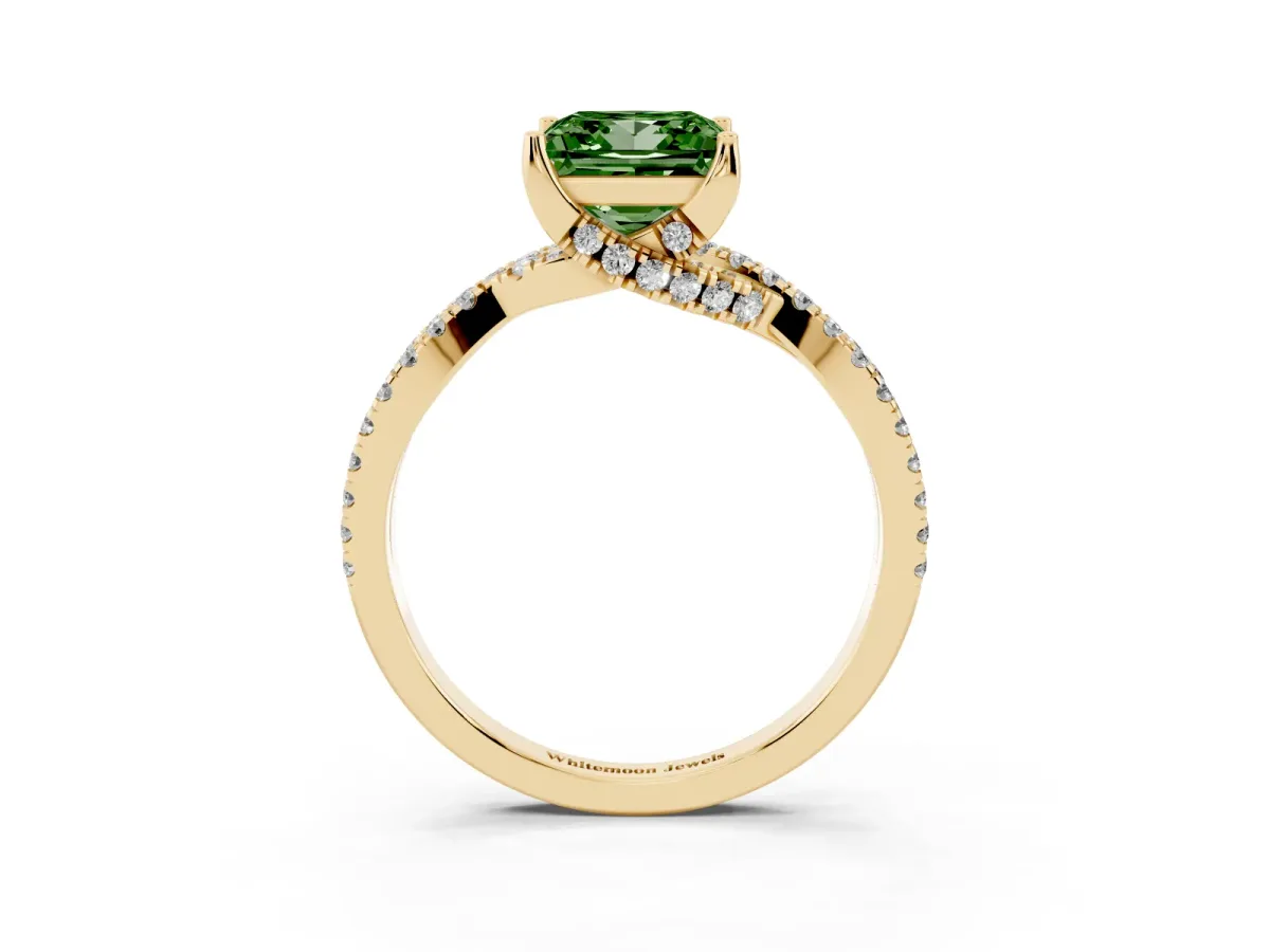 Fancy Green Princess Cut Solitaire Twist Pave Diamond Engagement Ring with Prong Setting Yellow gold