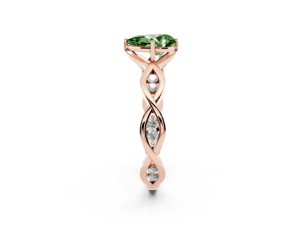 Fancy Green Pear Cut Solitaire Twist Band with Leaf Prong Setting Rose gold
