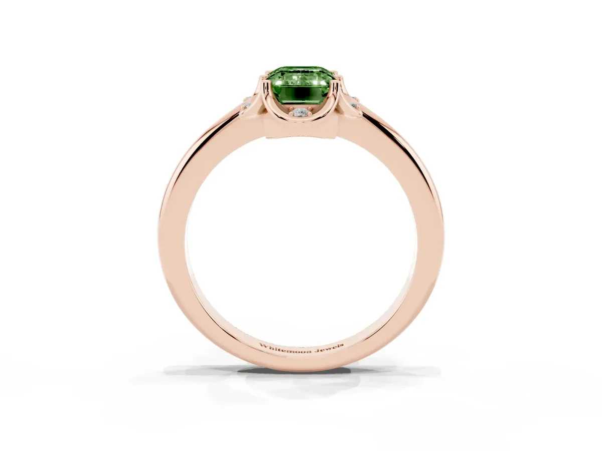 Fancy Green Emerald Cut Halo Diamond Ring with Round Cluster Setting, Solitaire Band, and Four-Prong Setting Rose gold