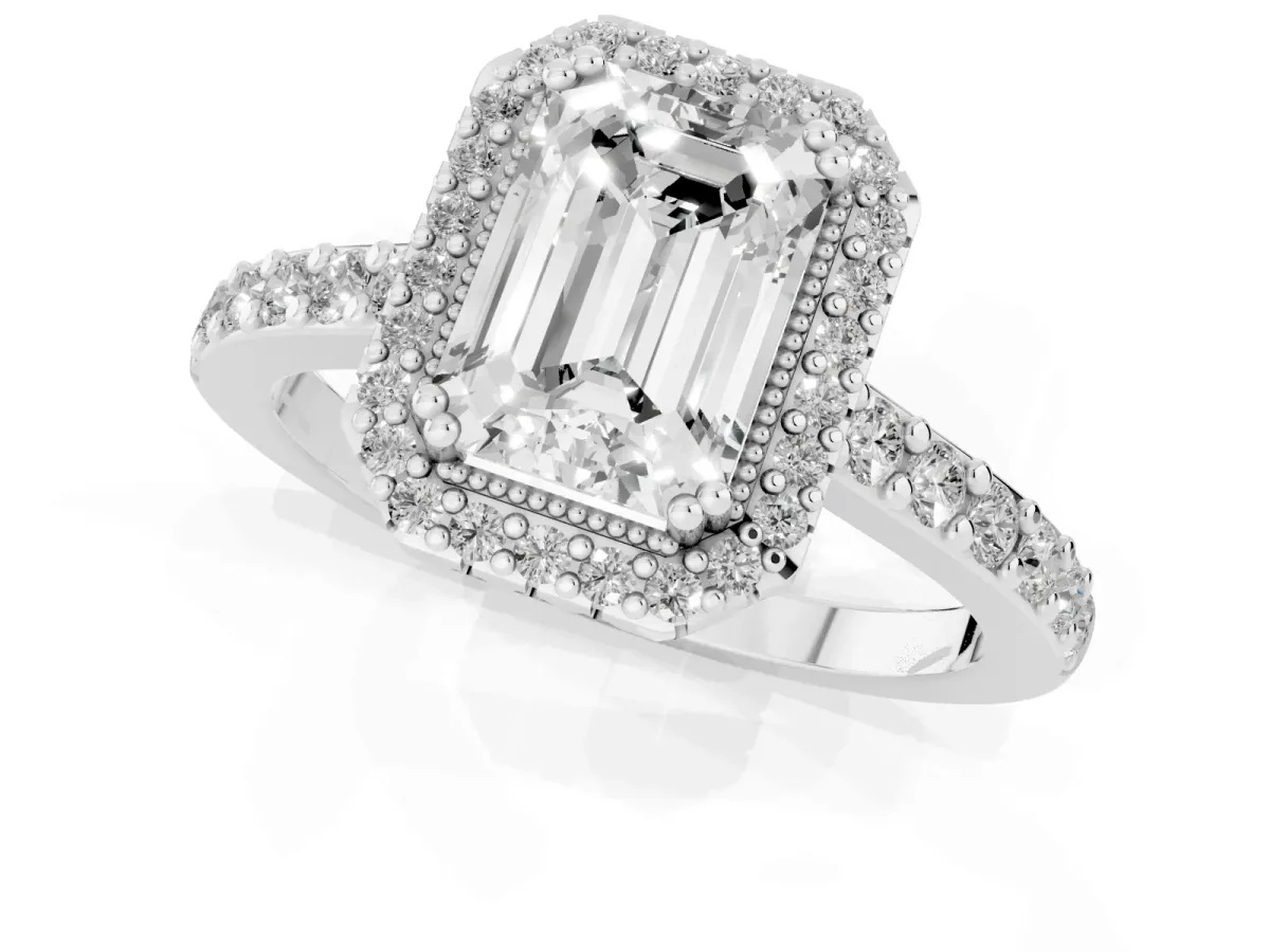 Emerald Cut Cut Diamond Halo Engagement Ring with Milgrain Detail and Pavé Band Silver